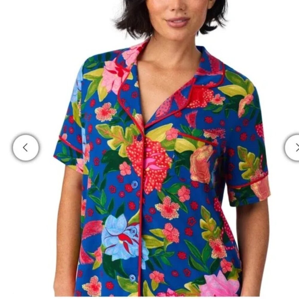 NEW Room Service Notch Collar Pajamas NWT S Short Sleeve Top Pants Blue Floral - Picture 3 of 8